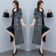 高端千鸟格风衣女2024春秋新款韩版显瘦气质收腰长款过膝大衣外套，女装风衣，凝聚力