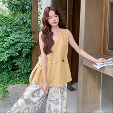 法式松弛感v领系带背心上衣两件套女2025夏季新款复古印花阔腿裤，女装套装/套裙，2C110