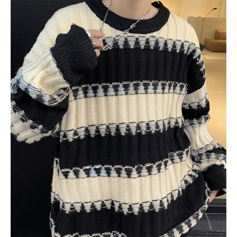 撞色条纹毛衣男女秋冬季潮牌宽松圆领针织衫慵懒风外套 MY9164图片