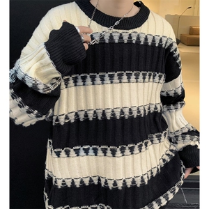 撞色条纹毛衣男女秋冬季潮牌宽松圆领针织衫慵懒风外套 MY9164图片
