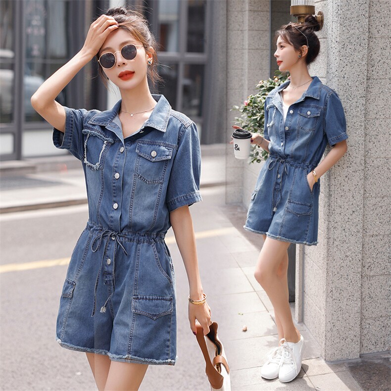 现货2023夏装新品时尚牛仔连体裤收腰抽绳显瘦韩版牛仔裤，女装连体裤，钱塘布衣