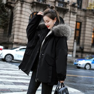 棉衣/棉服2021新款冬仿羊羔毛中长款工装带帽棉服女外套配毛领图片