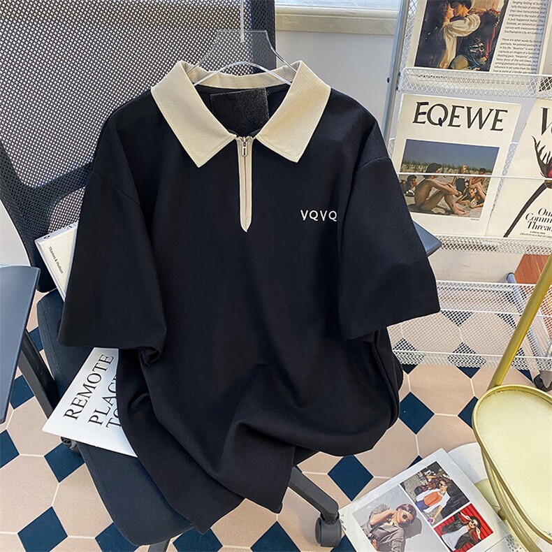 纯棉后包领抖音天猫品质POLO领拉链男女情侣短袖T恤宽松TT035-45图片