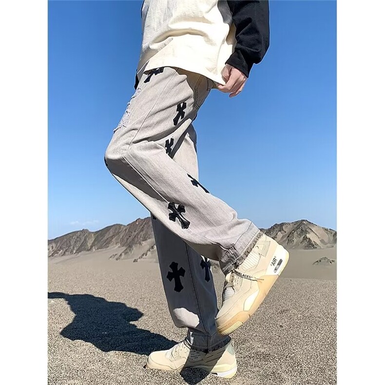 毛边牛仔裤男士春季潮牌美式高街宽松直筒潮流设计感补丁长裤子,男装牛仔裤,星座410-7