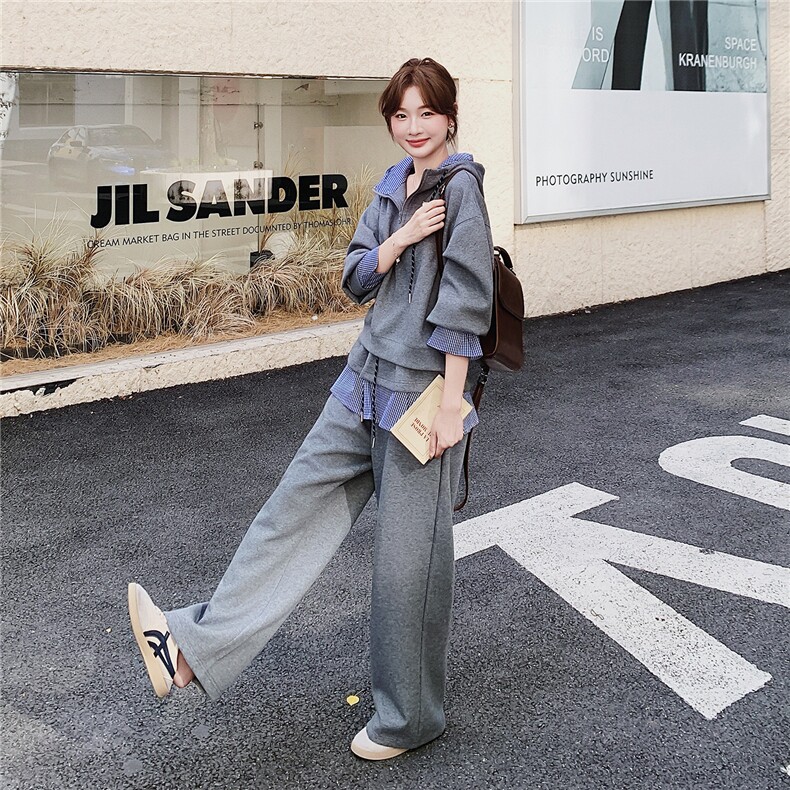 韩版宽松格子拼接连帽卫衣套装女2025秋新款慵懒风休闲卫裤两件套,女装套装/套裙,2C326