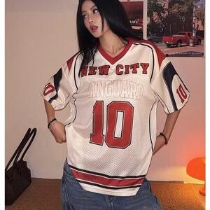 美式V领10号印花拼接网眼短袖球衣男女宽松T恤街头运动上衣无品牌图片
