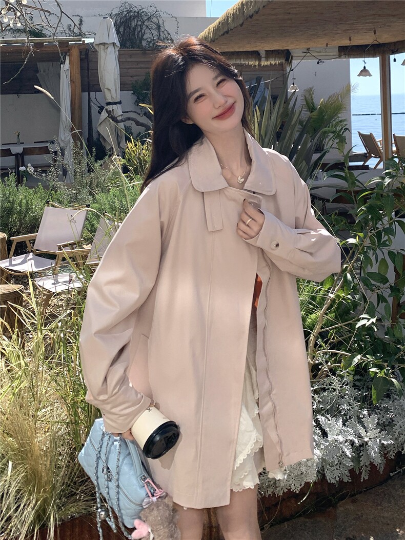 2026春装新款甜美粉色蕾丝袖口韩版休闲中长风衣外套女,女装风衣,时尚风爆