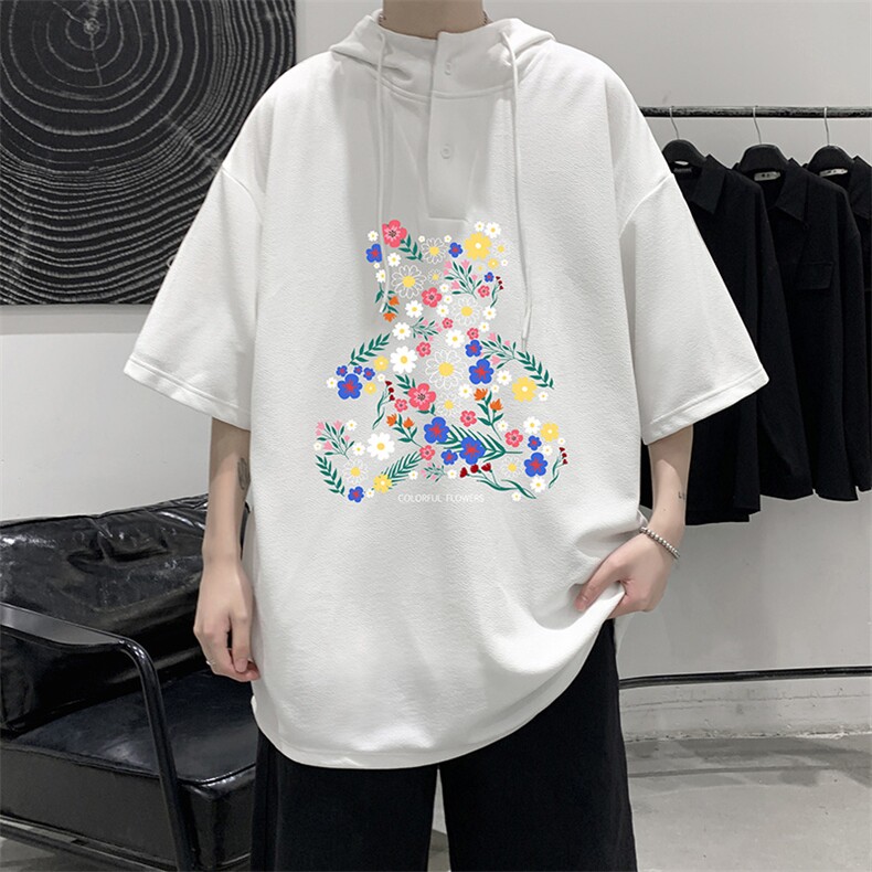 LD54206-P45连帽短袖t恤男大码胖子带帽五分袖中袖大皂风,男装T恤,电商A040