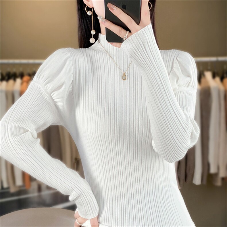 时尚百搭花苞袖高领针织衫修身显瘦仿羊毛毛衣女款,针织衫/毛衣,暖姿羊绒