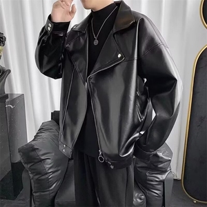 J9766-P62美式复古潮牌斜拉链大翻领机车皮衣外套图片