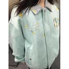 刺绣雏菊美式复古鹿皮绒棒球服外套女学生春秋新款宽松翻领夹克潮，男装夹克，星座506A