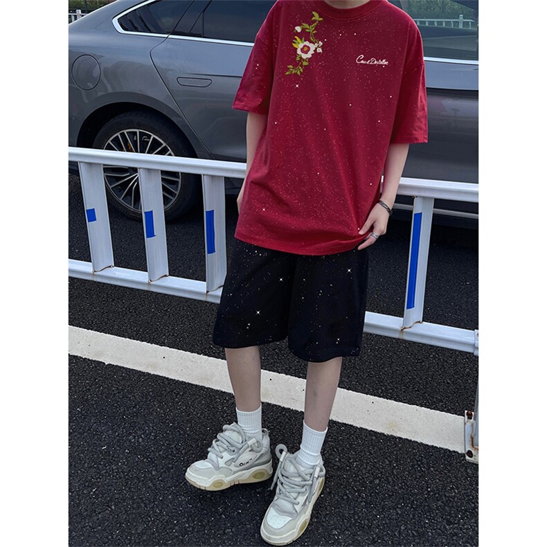 可48小时发货支持抖音得物来样二开美式满天星亮片短袖T恤MTX717,男装T恤,电商A486