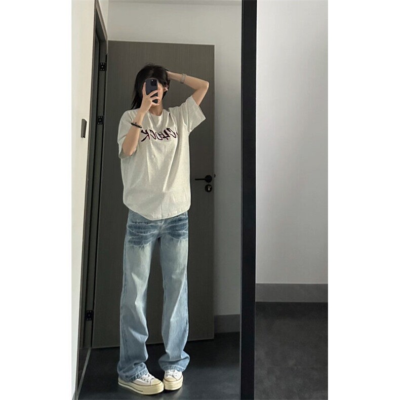 水洗闪电纹浅蓝色牛仔裤男款美式高街cleanfit裤子窄版弯刀微喇裤,男装牛仔裤,星座1007（原301D）