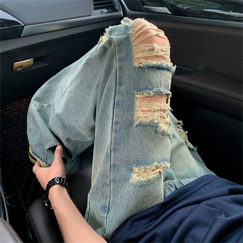 烟灰色水洗破洞牛仔裤男夏季薄款宽松直筒裤美式废土风潮流休闲裤,男装牛仔裤,星座506A