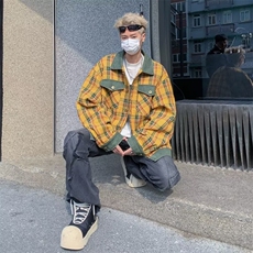 新款黄色条纹夹克男美式复古上衣外套开衫高街情侣上衣，男装夹克，星座716-3