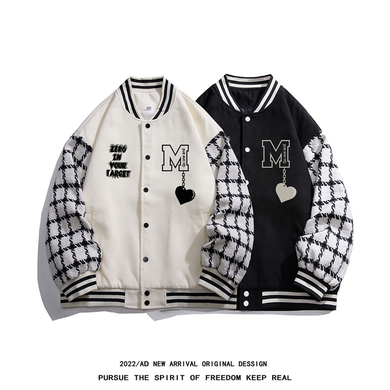 白底22秋冬新款模糊字母印花拼接棒球服情侣夹克外套G706P95控128,男装夹克,电商A247-1
