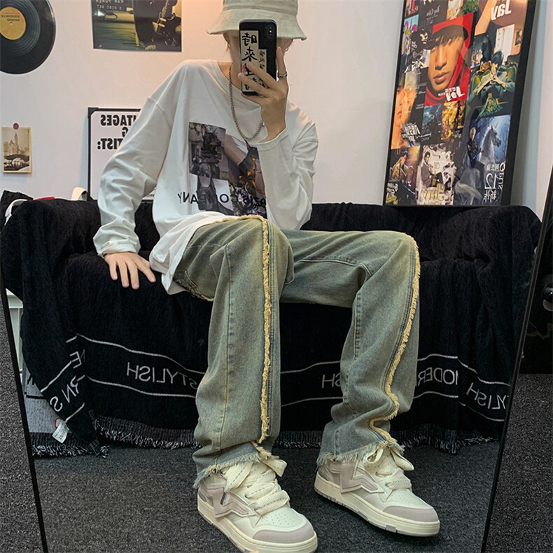 美式ins高街hiphop重工艺水洗毛边牛仔裤货号K712P65,男装牛仔裤,电商A063