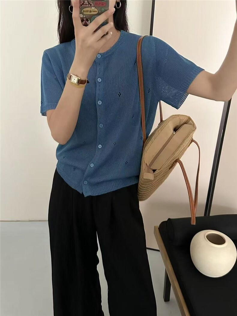 天丝亚麻短袖开衫镂空夏季圆领针织,针织衫/毛衣,天佑贝依