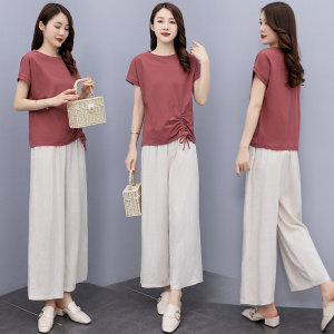 妈妈夏季棉麻套装女新款2025短袖微胖中老年亚麻休闲阔腿裤两件套，女装套装/套裙，阿丹
