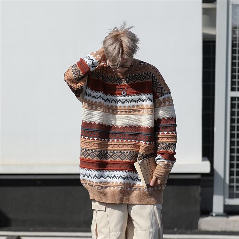 民族风毛衣男冬季韩系复古高级感潮牌条纹针织衫M5032P50,男装针织衫/毛衣,星座1116-2
