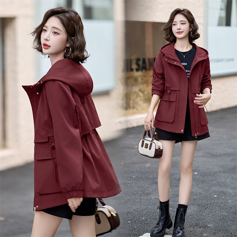 休闲风衣外套女显瘦2025春季新款百搭连帽小个子中长款春秋款夹克，女装短外套，涵亦佰惠