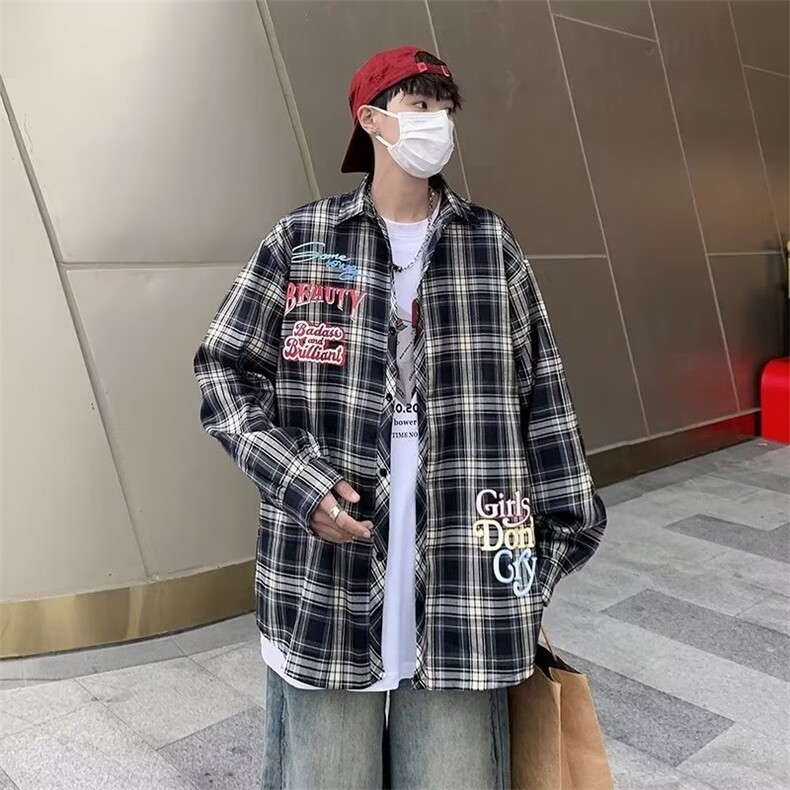 文艺长袖流行百搭潮圆领潮流新款格子日常标准衬衫男CS38-P43,男装衬衫,星座1109-3