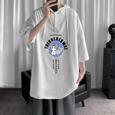 LD54160-P45 连帽短袖t恤男大码胖子带帽五分袖中袖图片