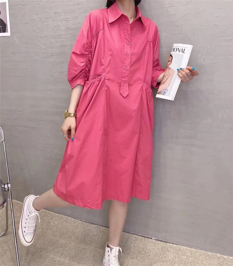 XL9906新款高级感大口袋套头抽褶长款短袖宽松韩版衬衫裙,女装衬衫,L·H·X
