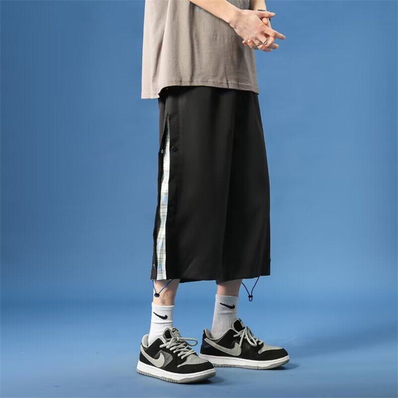 网络图现货格子撞色排扣七分裤男女短裤休闲裤R4013-P40,男装牛仔裤,星座1005-4