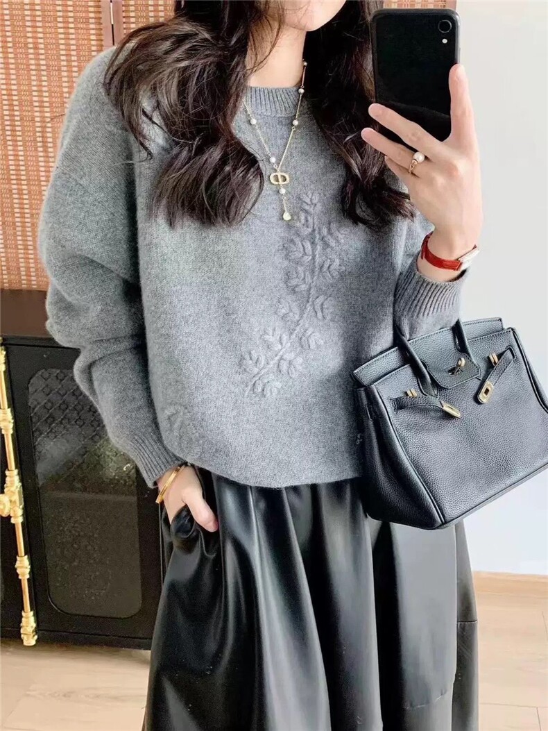 山羊绒秋季新款针织羊绒衫宽松纯色圆领纯色绣花针织毛衣,女装羊绒衫,大千羊绒