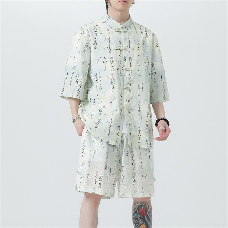 2025夏季新款男装风冰丝印花盘扣唐装套装短袖+短裤A106-P80,男装休闲套装,电商B277(原6028)