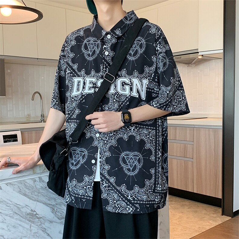 22年港风新款夏季衬衫短袖衬衣青少年宽松潮流休闲上衣CS1028-P40,男装衬衫,星座717