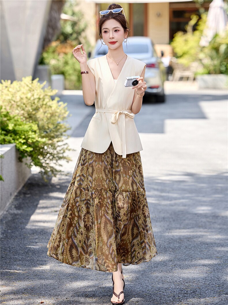 法式套装裙女2026年夏季新款小众设计感无袖马甲碎花裙时髦两件套,女装套装/套裙,拾衣