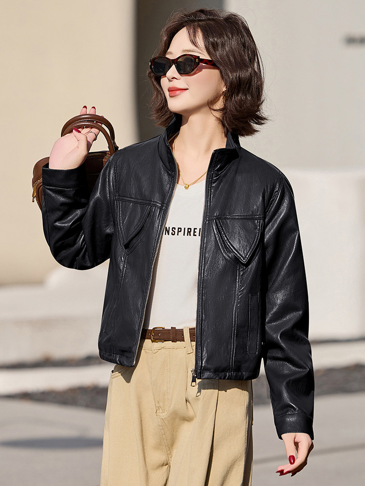 皮衣外套女短款2025新款春季时尚立领小个子休闲机车服皮夹克上衣,女装皮衣,臻衣坊