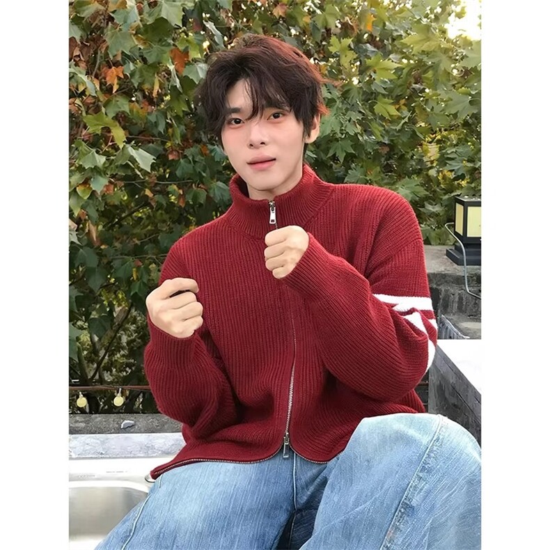 红色三条杠拉链开衫毛衣男内搭可外穿针织衫AY78-P56,男装针织衫/毛衣,星座208-5