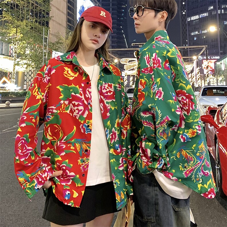 PC203情侣休闲东北大花拼接长袖衬衫外套男女宽松寸衣汉服演出服,男装衬衫,星座115A(原星座507）