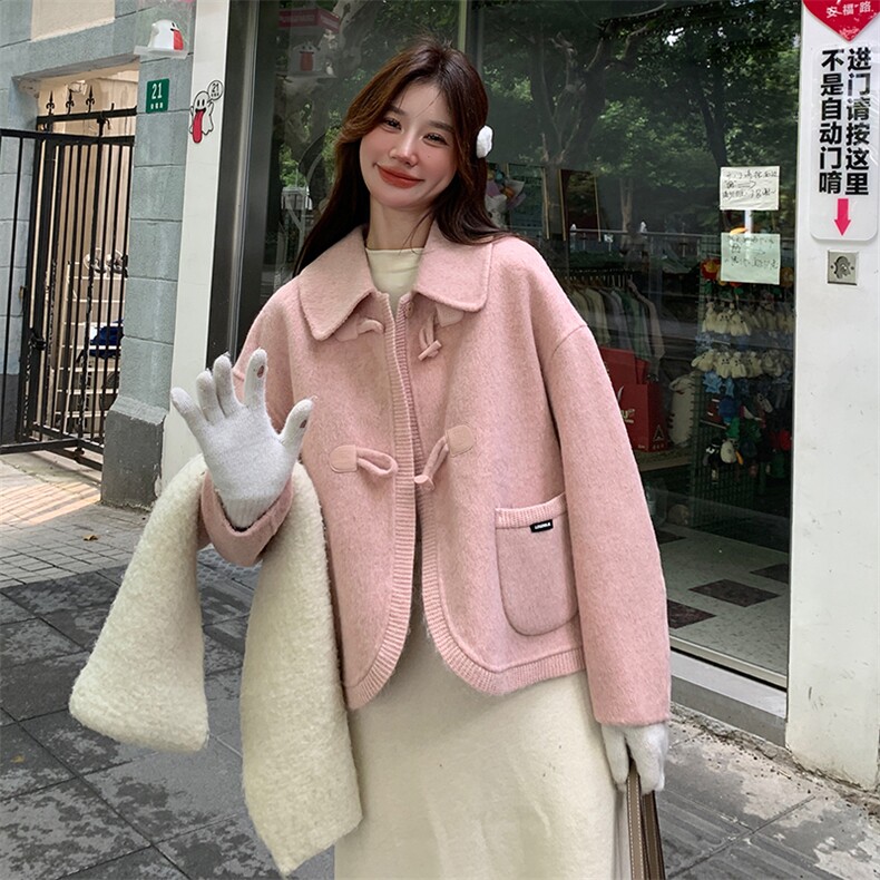 【现货】新款粉牛角扣针织拼接双面羊绒大衣99025款P225K328,女装毛呢外套,2C316