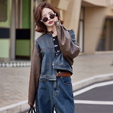 美式复古棕色皮衣拼接牛仔外套女春秋季2024新款休闲短款夹克上衣，女装皮衣，莜菲儿