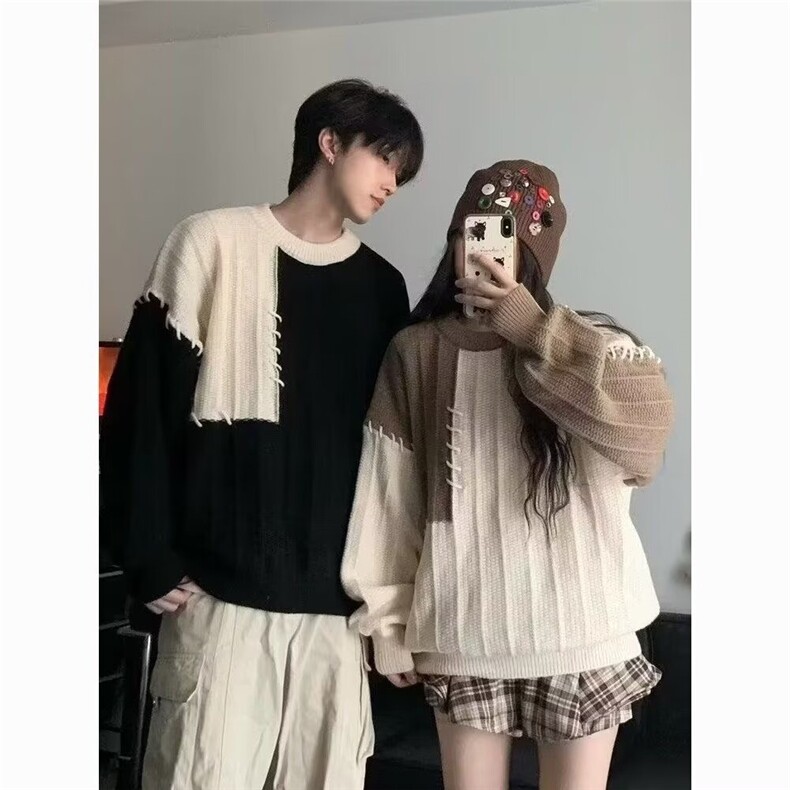 M212-P47 休闲套头常规情侣装拼接撞色毛衣男女针织衫长袖图片