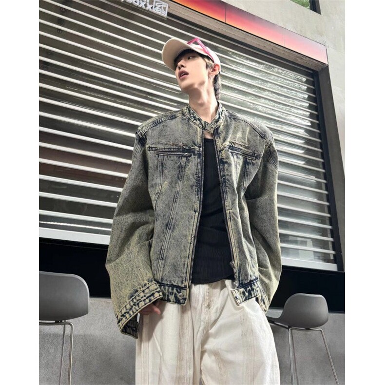 有货。垫肩短款拼接牛仔外套潮牌无领夹克男W6969-P75,男装工装外套,星座412-3