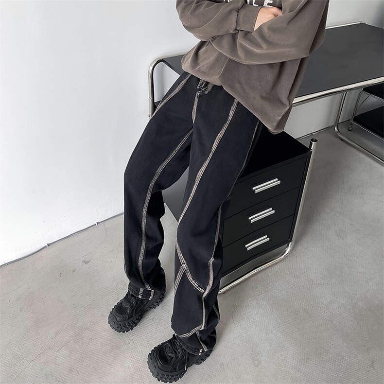 牛仔裤男潮秋季撞色拼接设计感阔腿中腰潮牌欧美休闲长裤,男装牛仔裤,星座410-6（原星座1304-1）