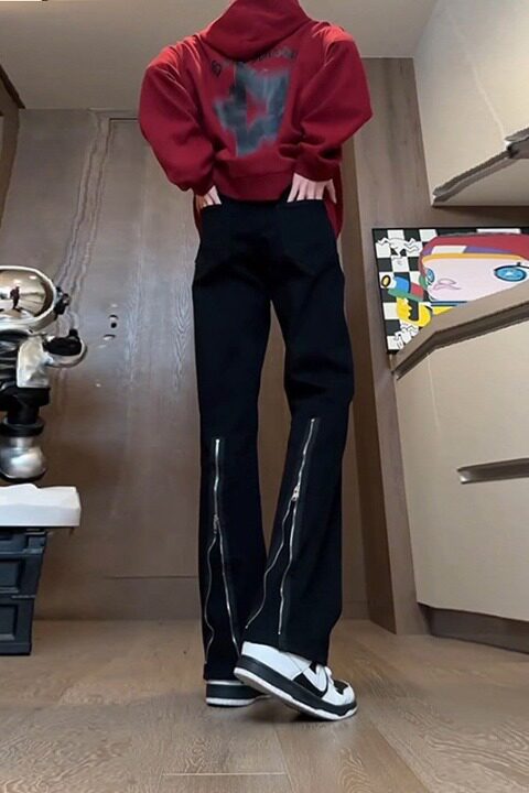 黑色拉链微辣喇牛仔裤男款提档痞帅高级感裤子美式高街直筒工装裤,男装牛仔裤,星座302B-2