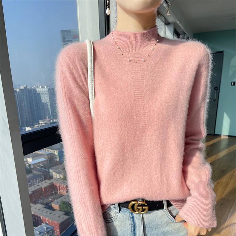 25秋冬新款加厚100%纯羊毛衫女半高领坑条毛衣宽松羊绒针织打底衫,女装羊毛衫,宇灿羊绒