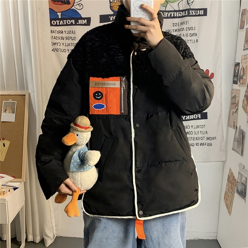 1港风80%白鸭绒宽松保暖无帽羽绒服男羊羔毛拼接羽绒外套7958P225，男装羽绒服，星座226-2