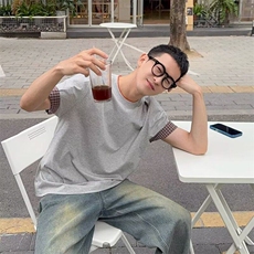 【有货】DTA200-P48浅灰色假两件短袖男夏季拼接格子翻边袖T恤，男装T恤，星座603-2