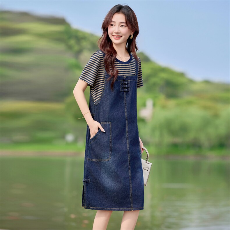 2025夏季女拼接休闲假两件连衣裙遮肉显瘦减龄大码洋气牛仔背带裙,女装连衣裙,利佳可人