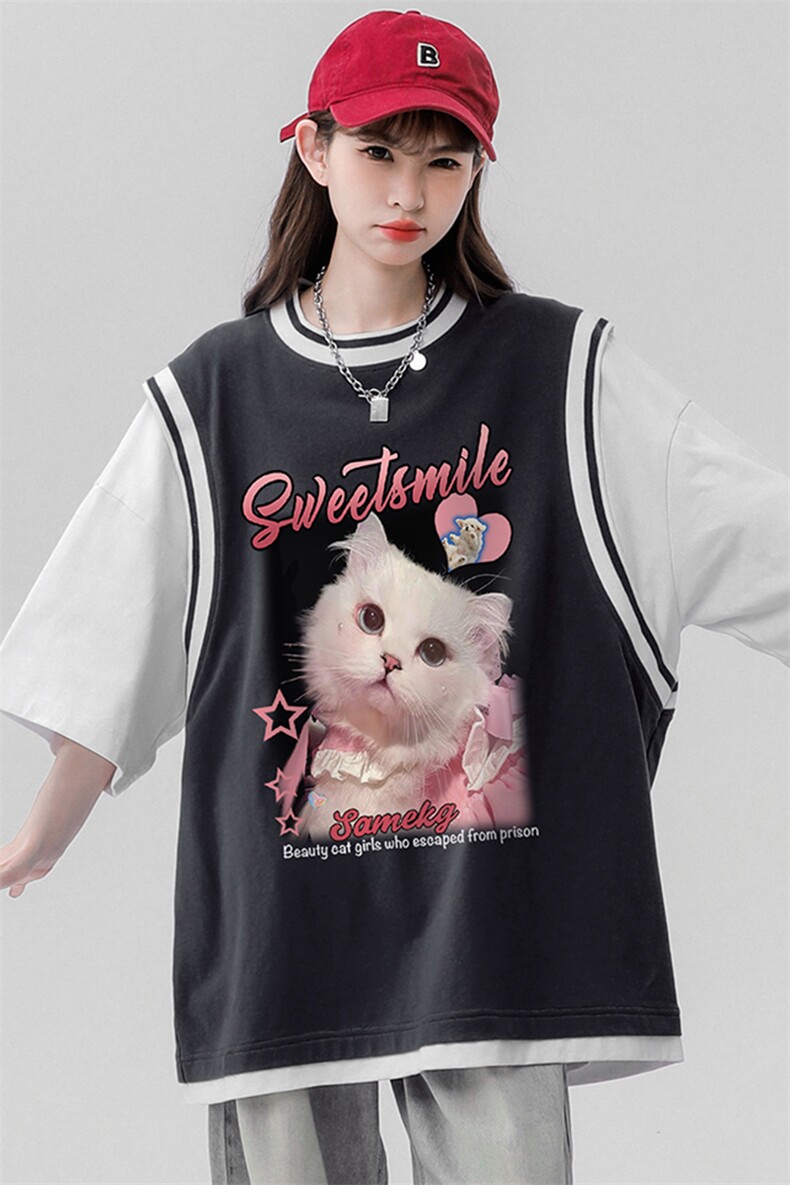 ！夏季时尚可爱小猫印花假两件背心短袖T恤女T6618P40控58,男装背心/马甲,电商A268