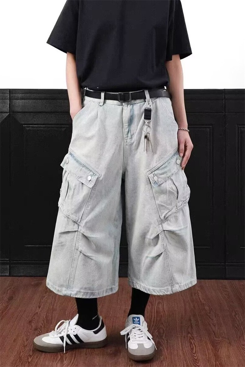 牛仔短裤男女2026夏季新款美式多口袋裤子宽松水洗阔腿七分裤，男装牛仔裤，星座302B