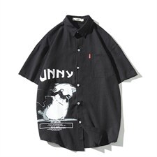 2021春季新网格挂拍日系大码男卡通小猫印花衬衫短袖C3003-P35，男装衬衫，电商A001