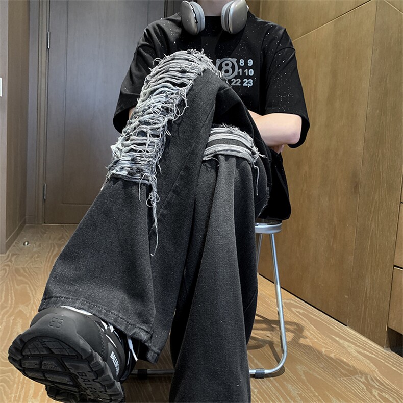 美式街头贴布破洞牛仔裤男设计感小众牛仔裤潮宽松阔腿裤XN09-P45图片